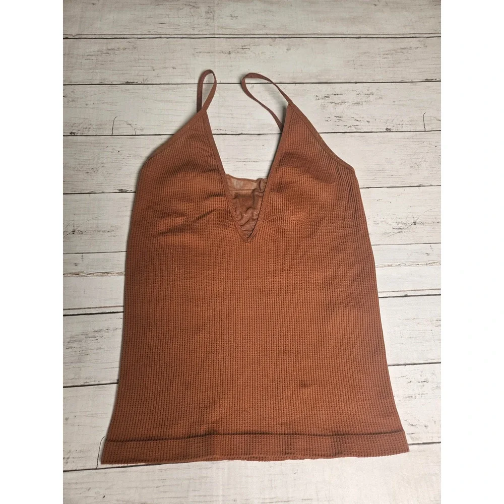 Free People Intimately Come Around Tank Top Rust Brown Ribbed Mesh V-Neck M/L - Picture 3 of 10